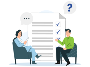 A Girl is asking question to a man and there is a checkbox page on the background