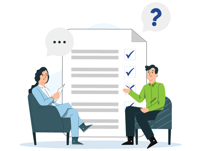 A Girl is asking question to a man and there is a checkbox page on the background