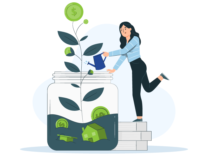 A Girl watering the dollar plant in a jar